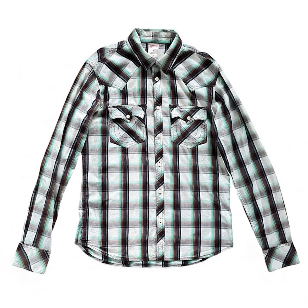 True Religion Western Plaid Cotton Long Sleeve Button Up Shirt Flawed Medium